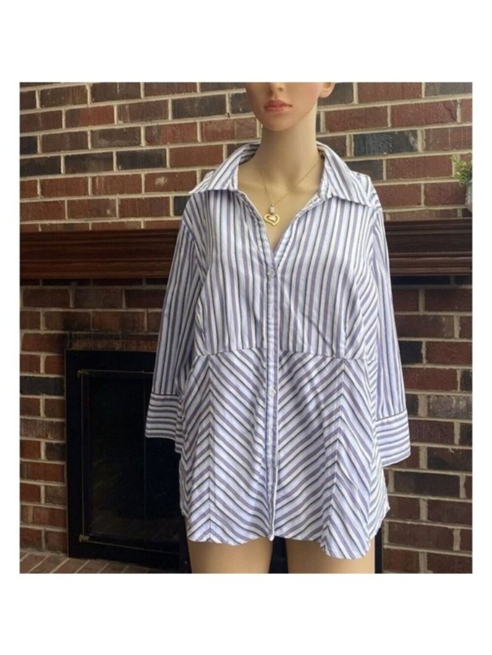 Lane Bryant Women's button dow 3/4‎ sleeve shirt Striped size 14/16W Cotton